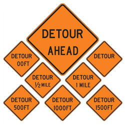 Detour (Choose Distance) Warning Signs for Temporary Traffic Control