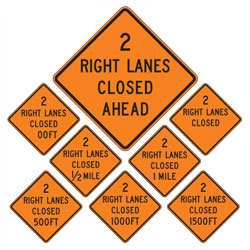 2 Right Lanes Closed (Choose Distance) Warning Signs for Temporary Traffic Control