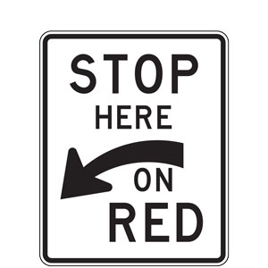 Stop Here on Red Traffic Signal (Left Curved Arrow) Signs for Railroad and Light Rail Transit Grade Crossings