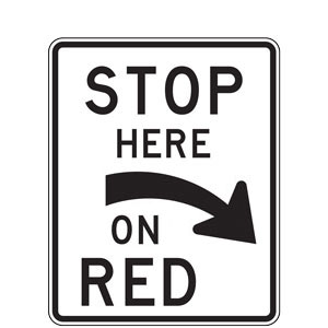 Stop Here on Red Traffic Signal (Right Curved Arrow) Signs for Railroad and Light Rail Transit Grade Crossings