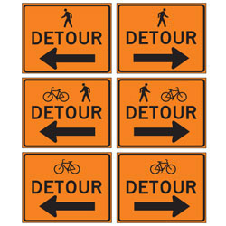 Pedestrian Bicycle Detour Left/Right Arrow Signs for Temporary Traffic Control (Crashworthy Barricade Signs)