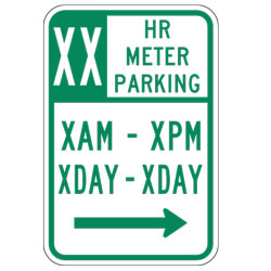 XX HR Meter Parking XAM XPM XDay XDay with Right Arrow Sign