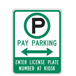 Pay Parking Enter License Plate Number at Kiosk with Double Arrow Sign