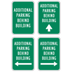 Additional Parking Behind Building (with Arrows) Sign