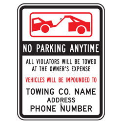 No Parking Anytime Tow Company Sign