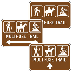 Hiker, Horse, and Mountain Bike Symbols | Multi Use Trail (with Arrow) Sign