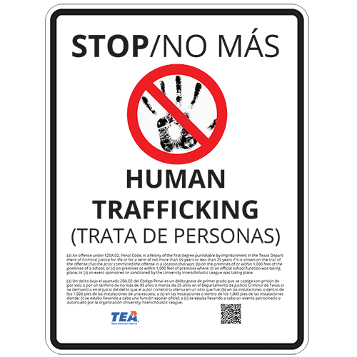 Crime Watch | Texas Spec | Bilingual Spanish & English | STOP Human Trafficking (Handprint No Symbol) Awareness & Prevention Sign