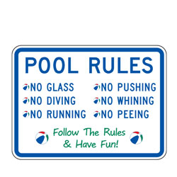 Pool Rules | No Glass, No Pushing, No Diving, No Whining, No Running, No Peeing | Follow the Rules & Have Fun! Sign