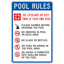 Pool Rules | No Lifeguard on Duty | Swim at Your Own Risk Sign