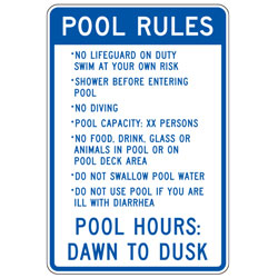 Pool Rules | Pool Hours Dawn to Dusk Sign