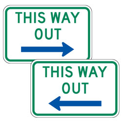 This Way Out with Left/Right Blue Arrow Signs