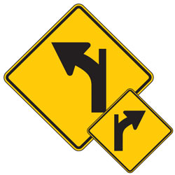 Curve (Left/Right) Arrow & Fork Ahead Road Combination Symbol Warning Signs