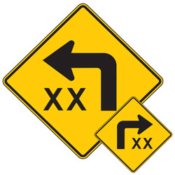 Turn (Left or Right) Arrow Symbol with Speed Advisory Warning Signs