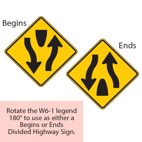 Divided Highway Begins/Ends (Symbol) Warning Signs